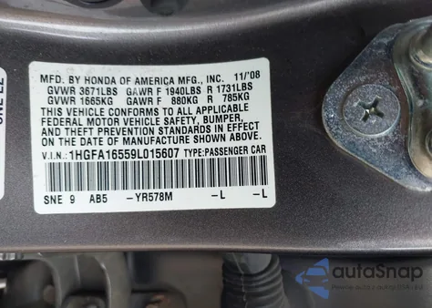 2009 Honda Civic Lx from USA, damaged, VIN 1HGFA16559L015607